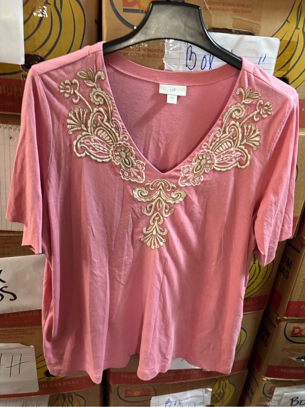 J Jill baby pink embroidered top v neck large ss office casual luxury Beachy